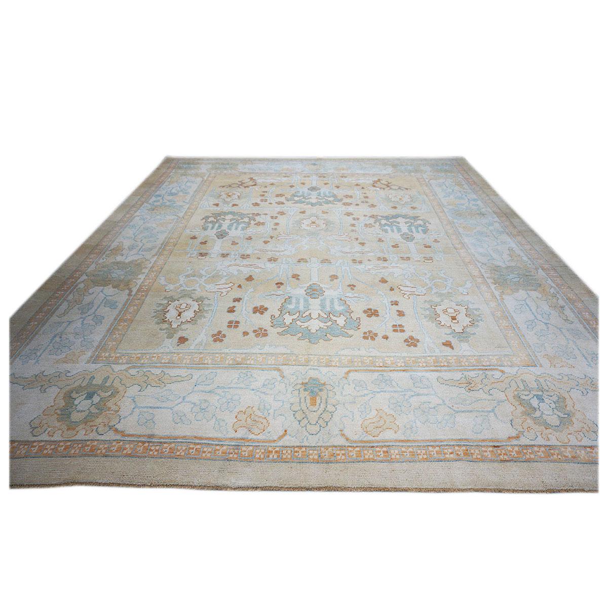 Hand-Woven 21st Century Turkish Donegal Carpet 11x14 Tan, Blue, & Ivory Area Rug For Sale