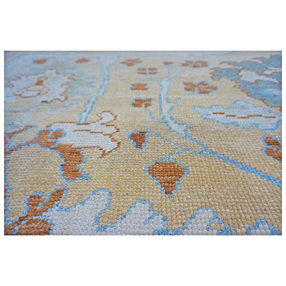 Contemporary 21st Century Turkish Donegal Carpet 11x14 Tan, Blue, & Ivory Area Rug For Sale