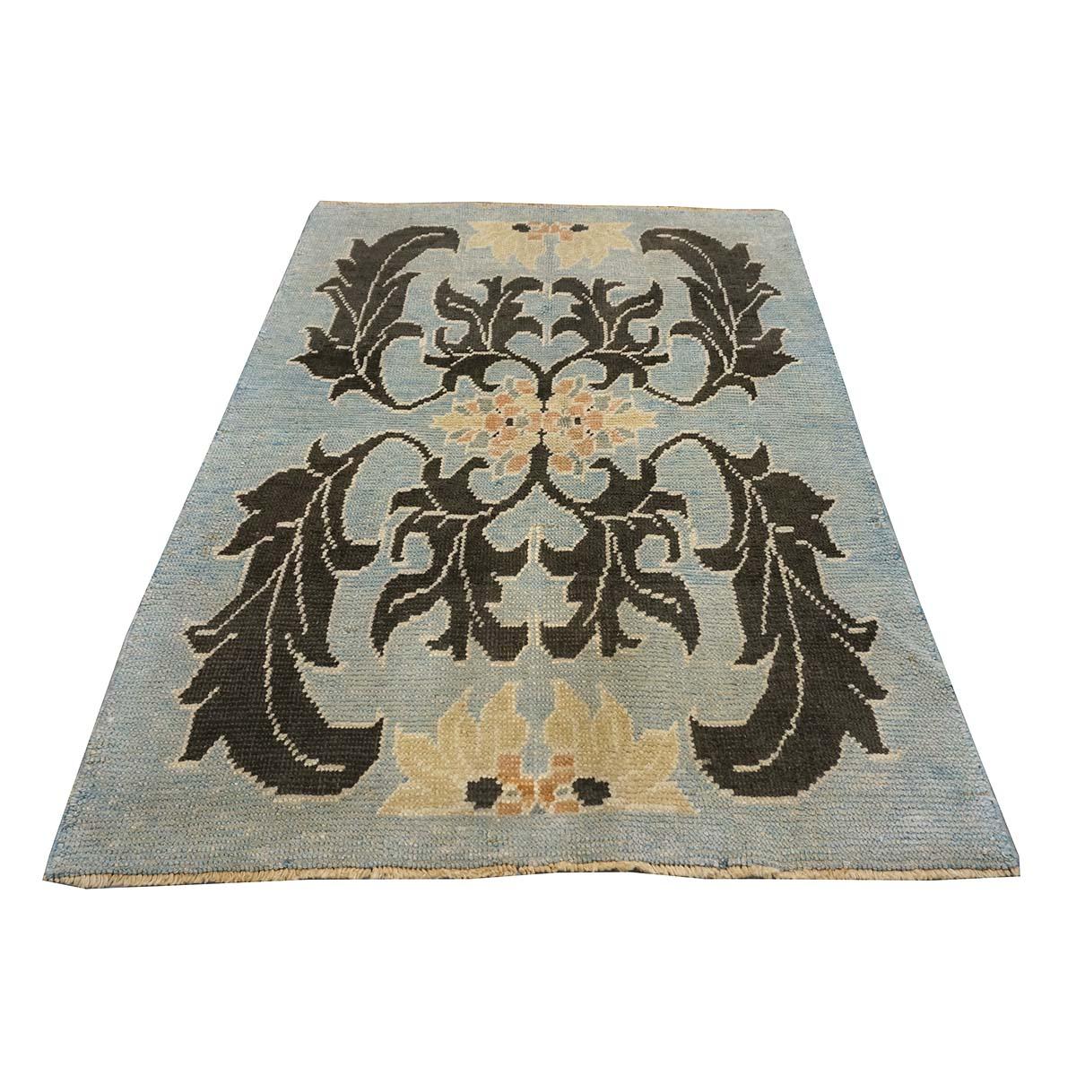 21st Century Turkish Donegal Oushak 4x6 Light Blue & Black Handmade Area Rug In Good Condition For Sale In Houston, TX