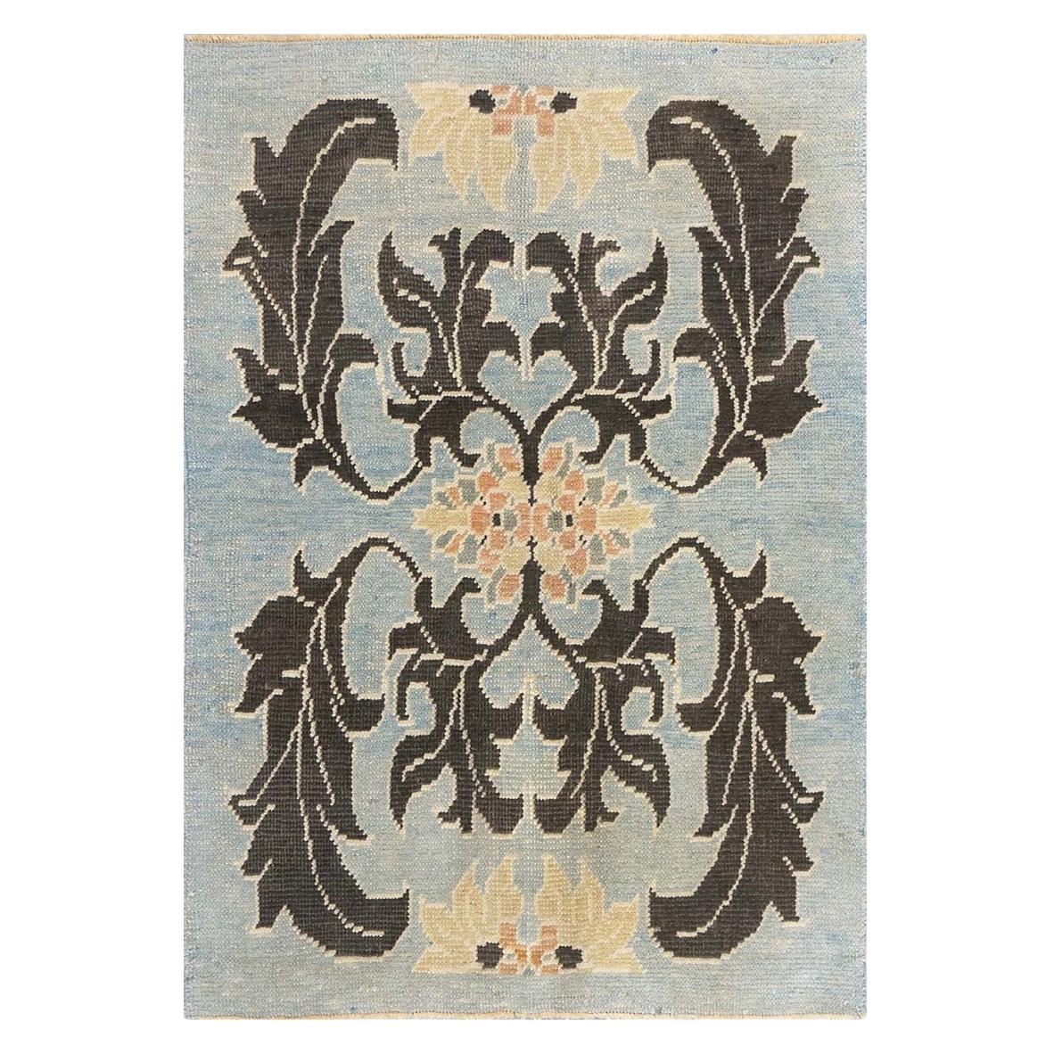 21st Century Turkish Donegal Oushak 4x6 Light Blue & Black Handmade Area Rug For Sale