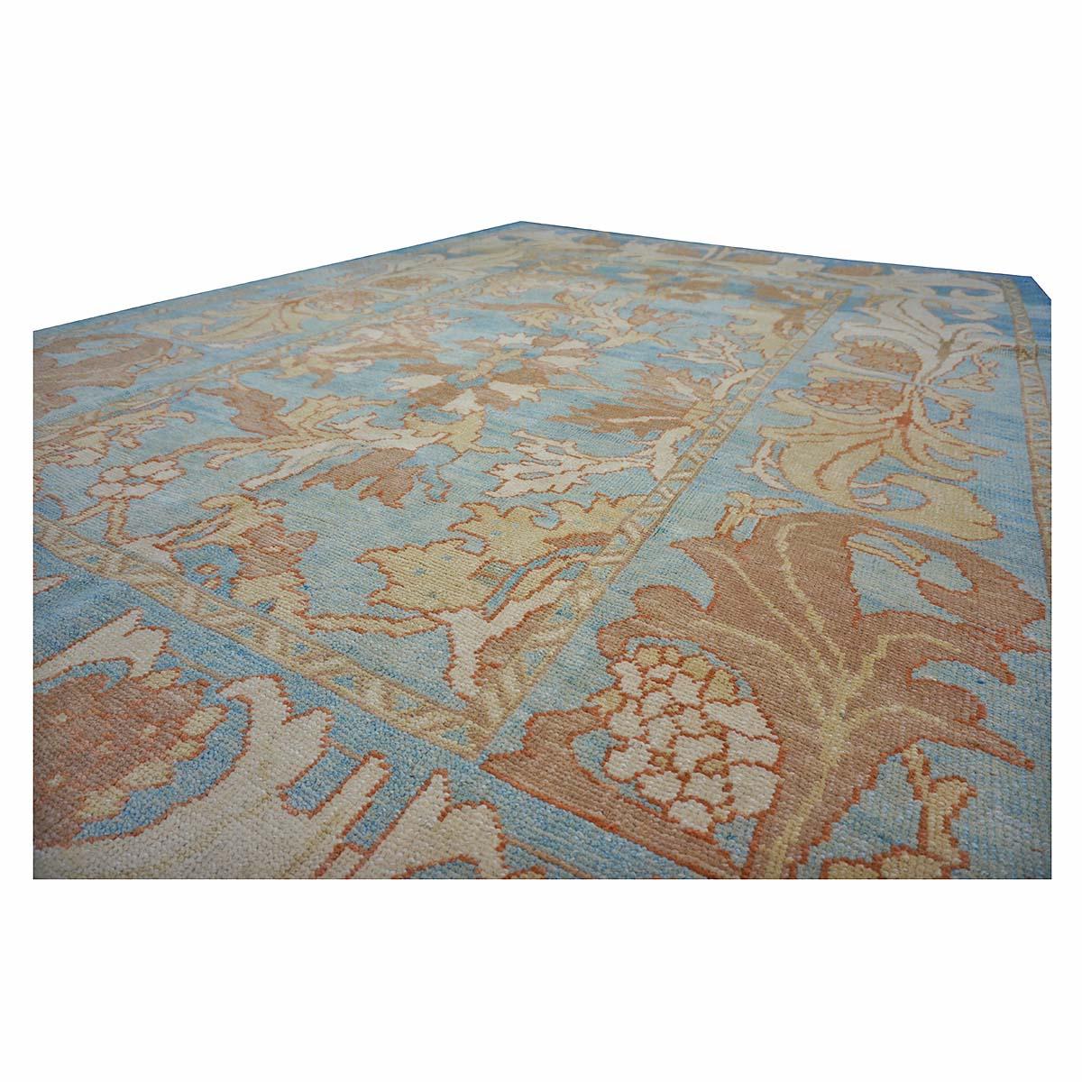 Contemporary 21st Century Turkish Donegal Oushak 8x11 Blue, Ivory, & Clay Handmade Area Rug For Sale