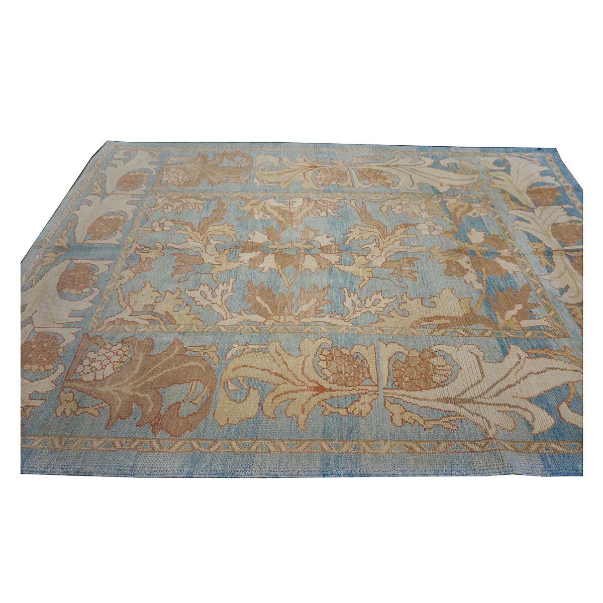 Wool 21st Century Turkish Donegal Oushak 8x11 Blue, Ivory, & Clay Handmade Area Rug For Sale