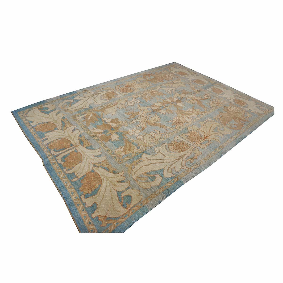 21st Century Turkish Donegal Oushak 8x11 Blue, Ivory, & Clay Handmade Area Rug For Sale 1
