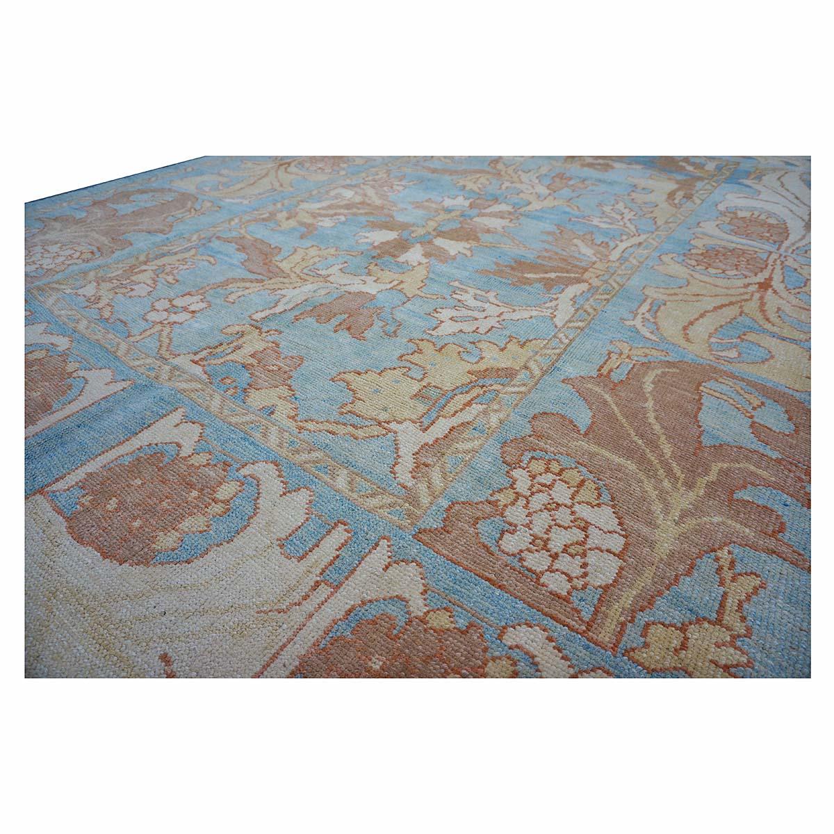 21st Century Turkish Donegal Oushak 8x11 Blue, Ivory, & Clay Handmade Area Rug For Sale 2