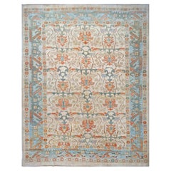 21st Century Turkish Donegal Wool 10X13 Ivory, Blue & Orange Handmade Area Rug