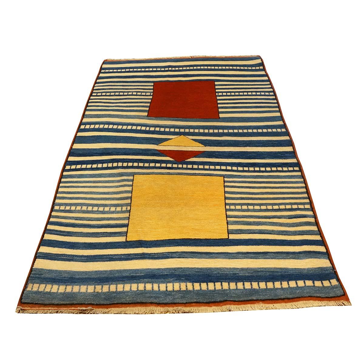 Moderne Tapis turc moderne Gabbeh 4x7 bleu et ivoire fait à la main, XXIe siècle