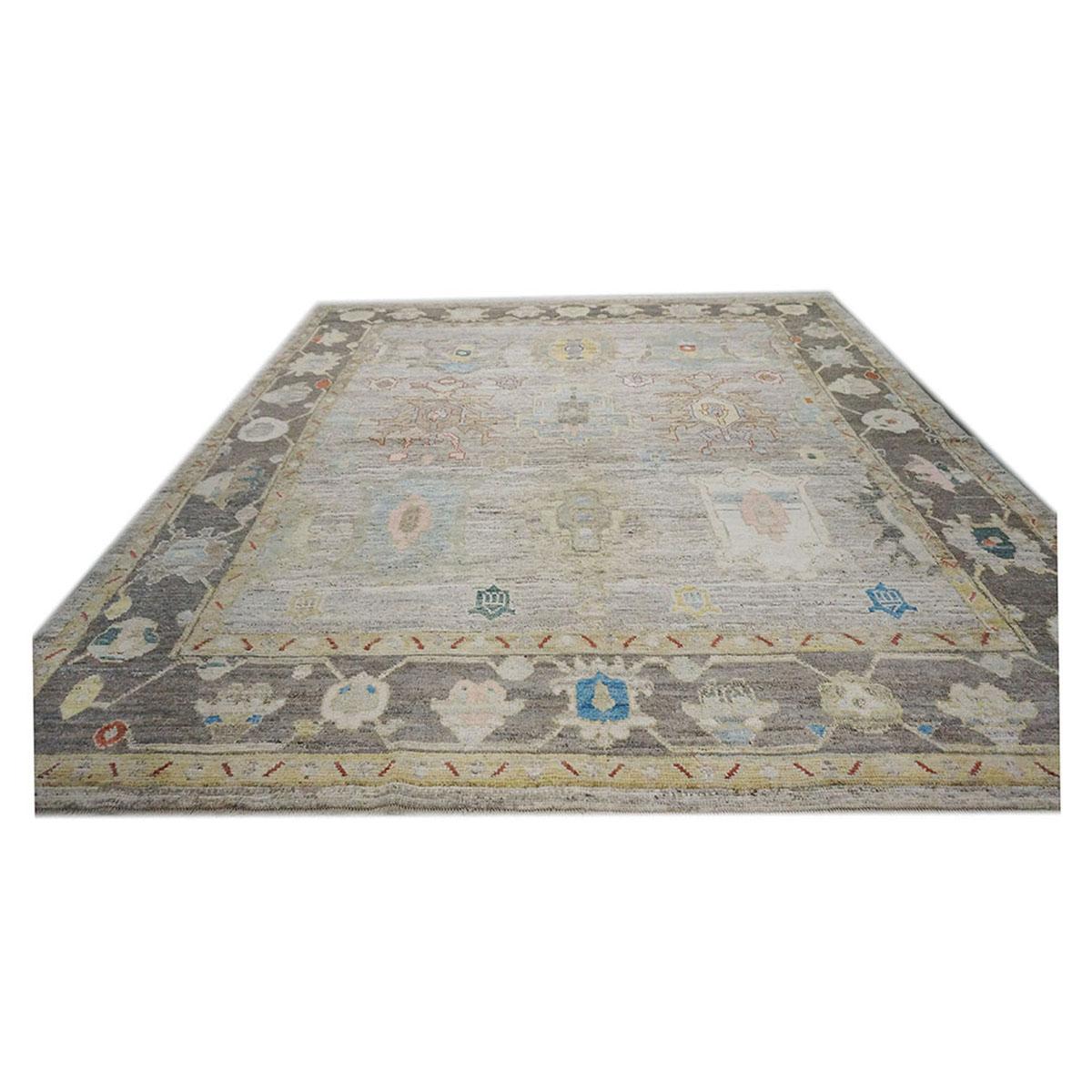 21e siècle Tapis de course turc Oushak 10X11 or, ivoire et anthracite fait à la main Excellent état - En vente à Houston, TX