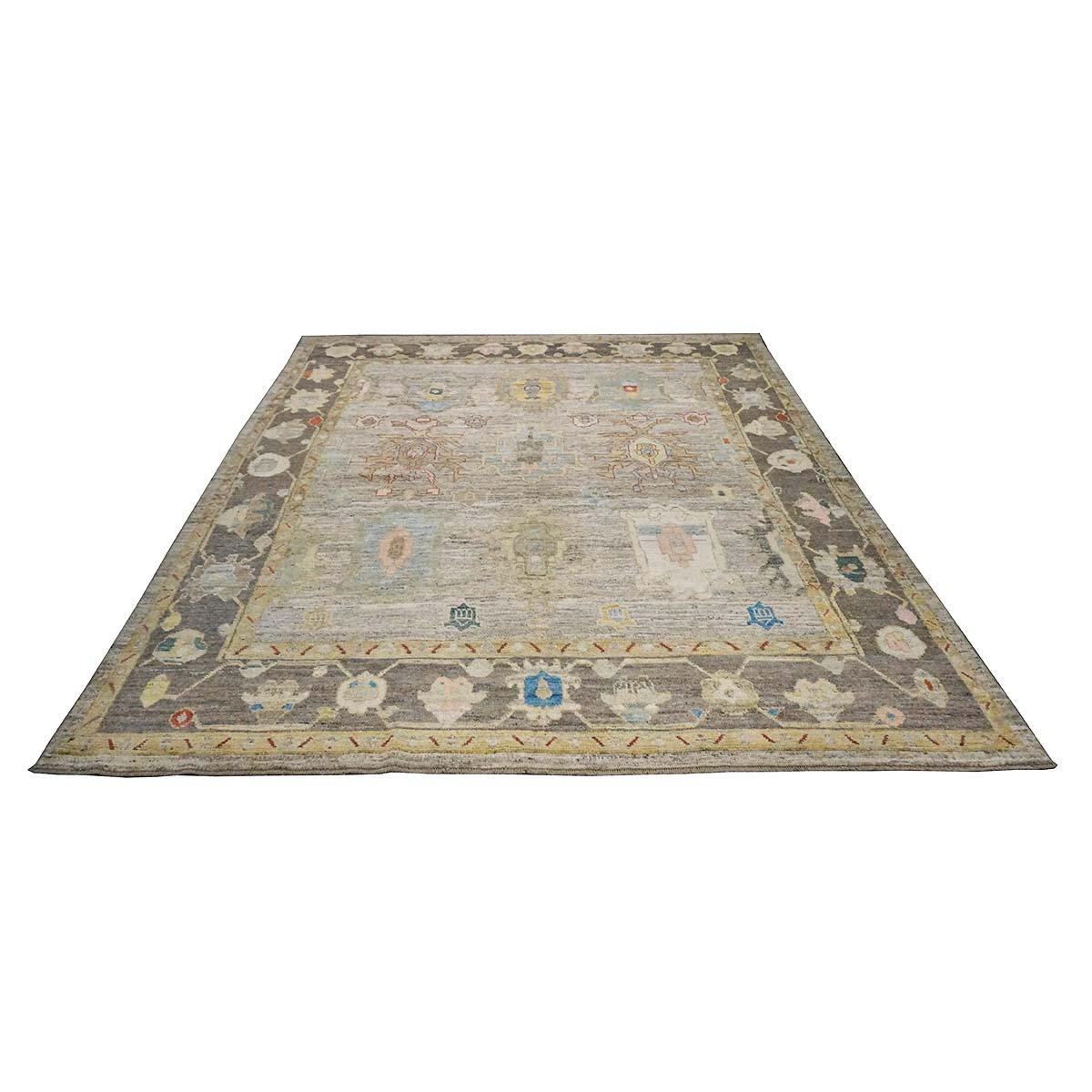 XXIe siècle et contemporain 21e siècle Tapis de course turc Oushak 10X11 or, ivoire et anthracite fait à la main en vente
