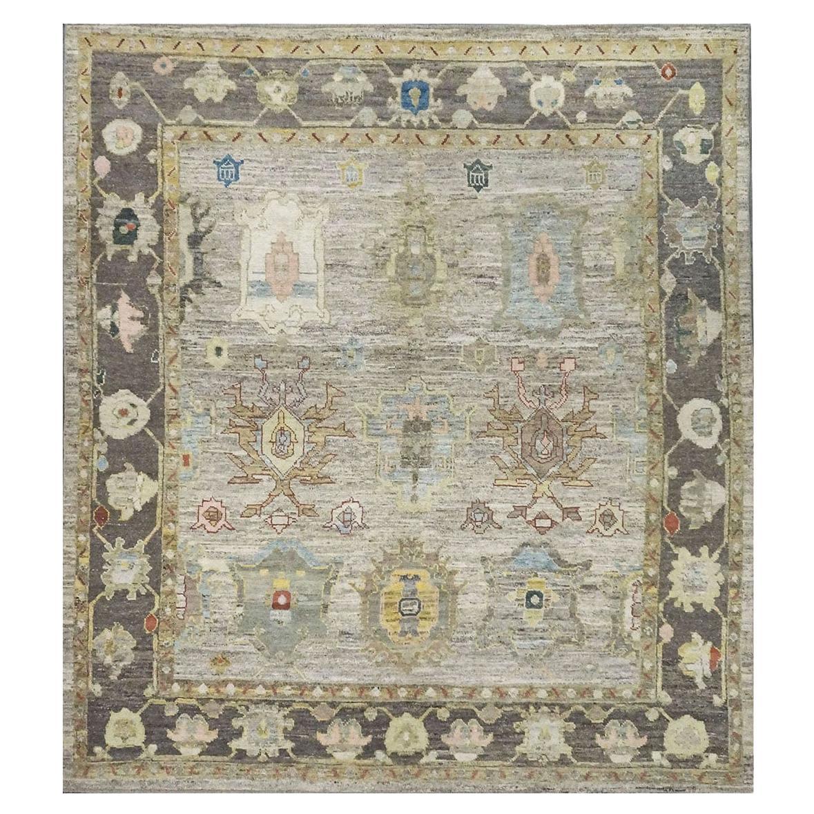 21e siècle Tapis de course turc Oushak 10X11 or, ivoire et anthracite fait à la main