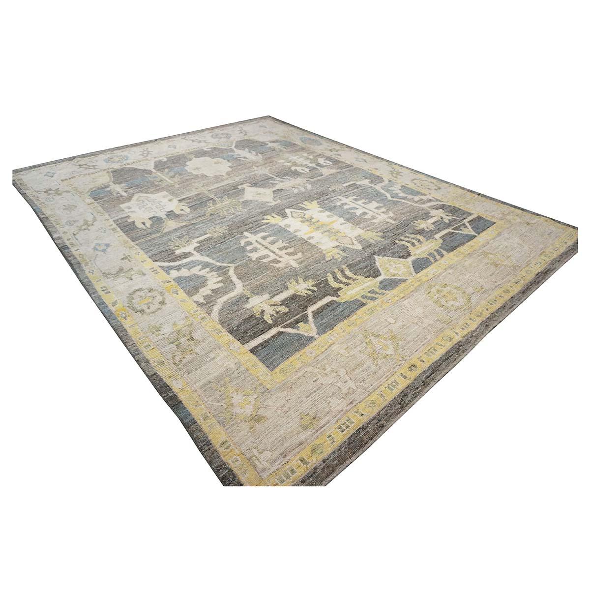 Turc 21st Century Turkish Oushak 10X13 Gold, Ivory & Charcoal Handmade Area Rug (Tapis de zone turc Oushak 10X13 or, ivoire et charbon de bois) en vente
