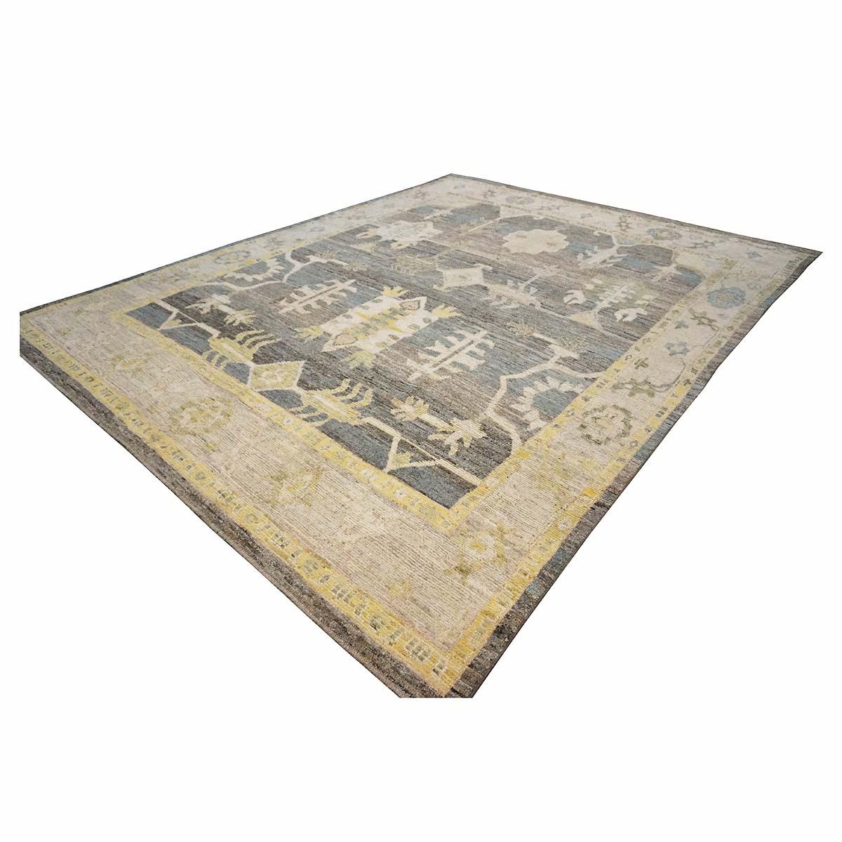 Tissé à la main 21st Century Turkish Oushak 10X13 Gold, Ivory & Charcoal Handmade Area Rug (Tapis de zone turc Oushak 10X13 or, ivoire et charbon de bois) en vente