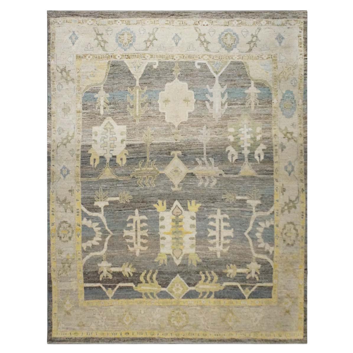21st Century Turkish Oushak 10X13 Gold, Ivory & Charcoal Handmade Area Rug