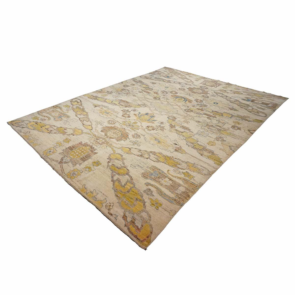 Siglo XXI Alfombra turca Oushak 10X13 dorada, marfil y azul pizarra hecha a mano Tejido a mano en venta