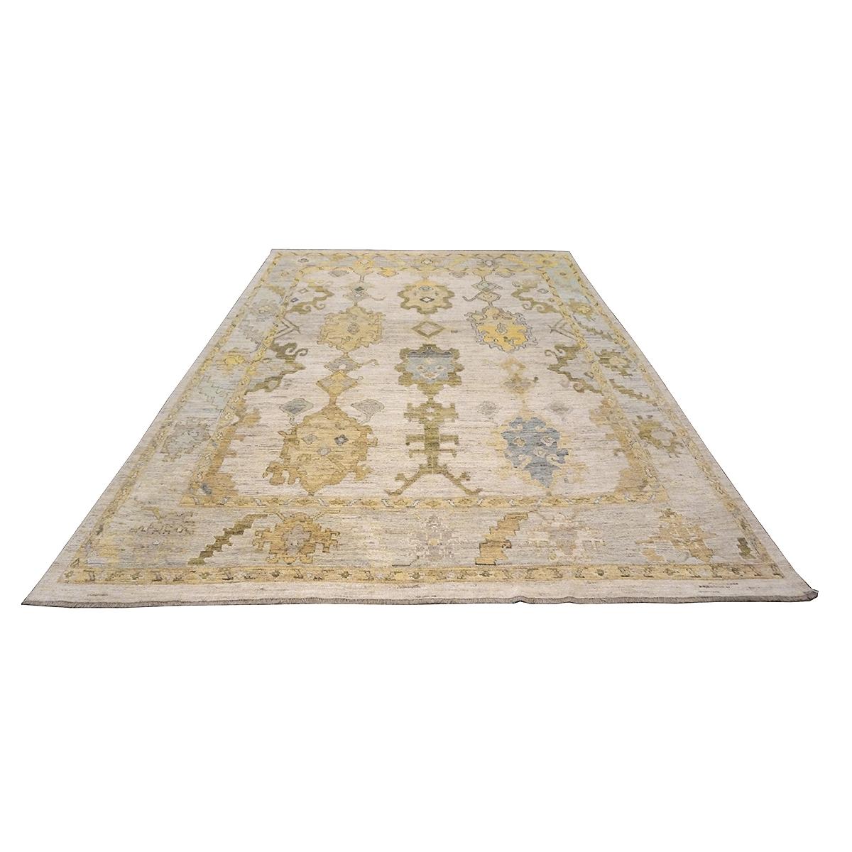 Hand-Knotted 21st Century Turkish Oushak 10x13 Ivory, Blue, & Yellow Handmade Area Rug For Sale
