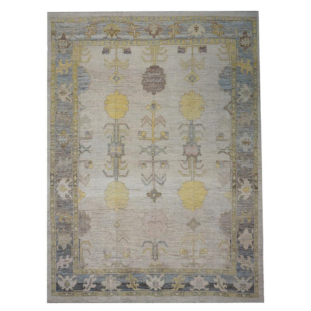 21e siècle Tapis turc Oushak 10x13 Ivoire, gris et jaune fait main