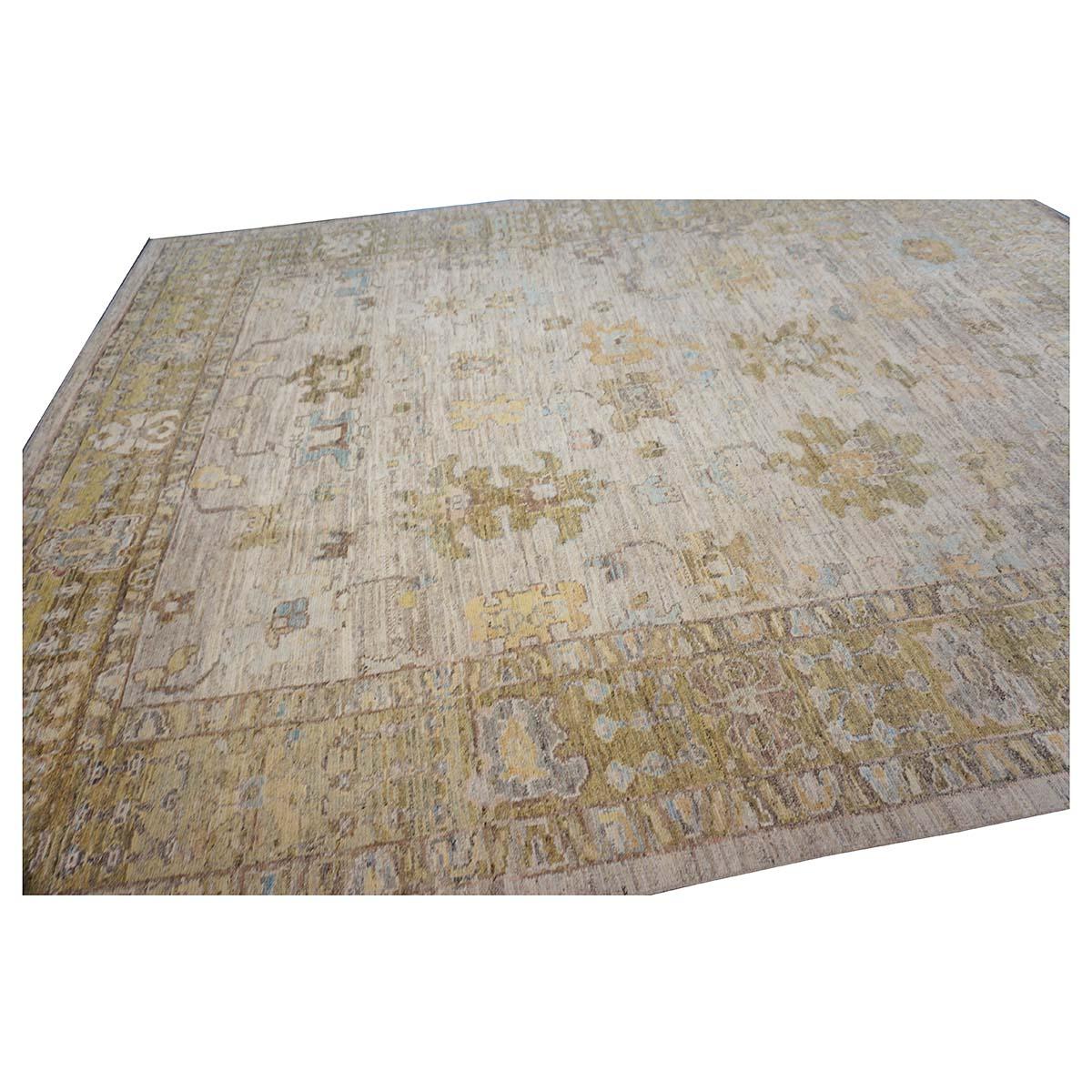 21. Jahrhundert Türkisch Oushak 10X13 Elfenbein, & Khaki Handmade Bereich Teppich (Wolle) im Angebot