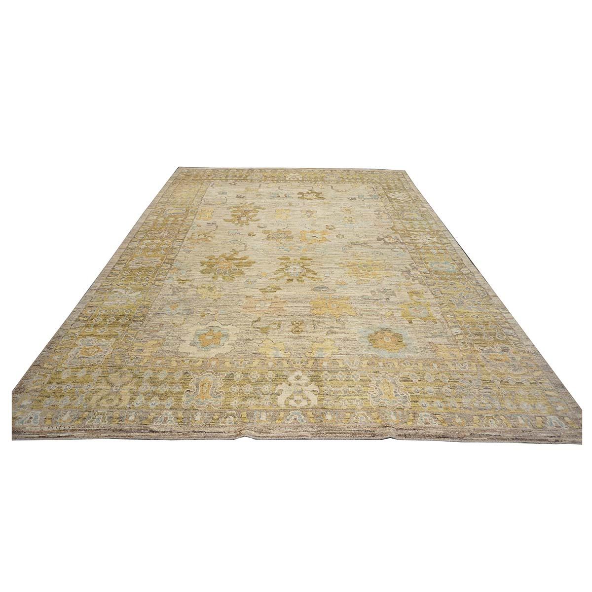 21. Jahrhundert Türkisch Oushak 10X13 Elfenbein, & Khaki Handmade Bereich Teppich im Angebot 1