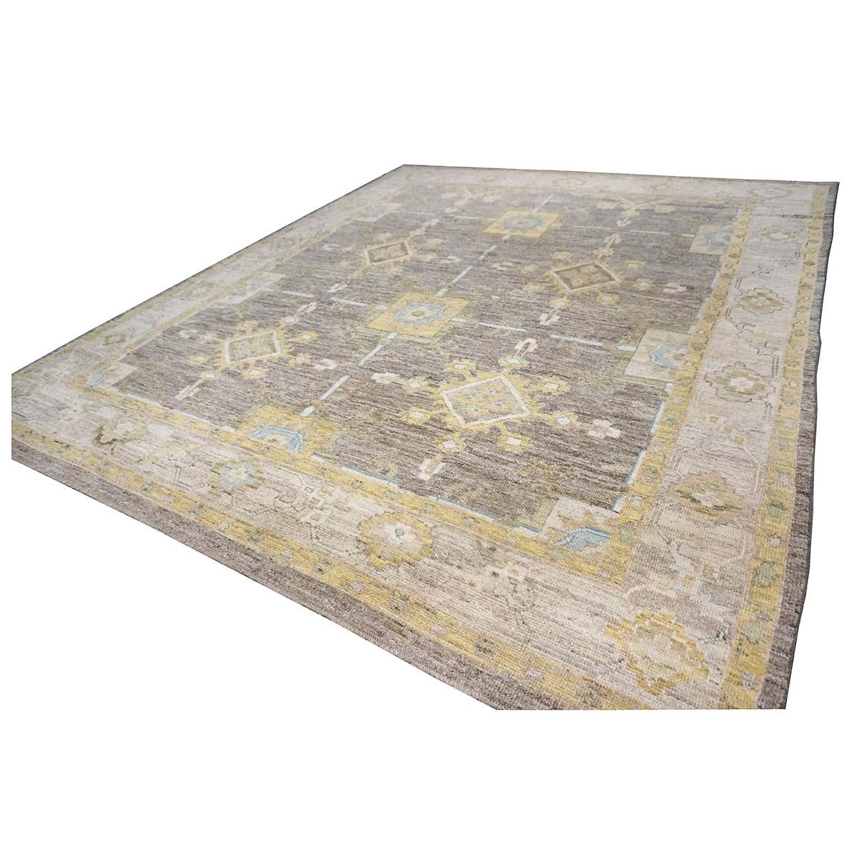 Turc 21e siècle Tapis turc Oushak 10x13 Tuape, Ivoire et Jaune fait à la main en vente