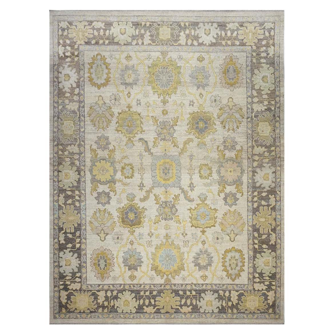 Tappeto Oushak turco del 21° secolo 10X14, marrone cenere, bufalo e kaki, realizzato a mano