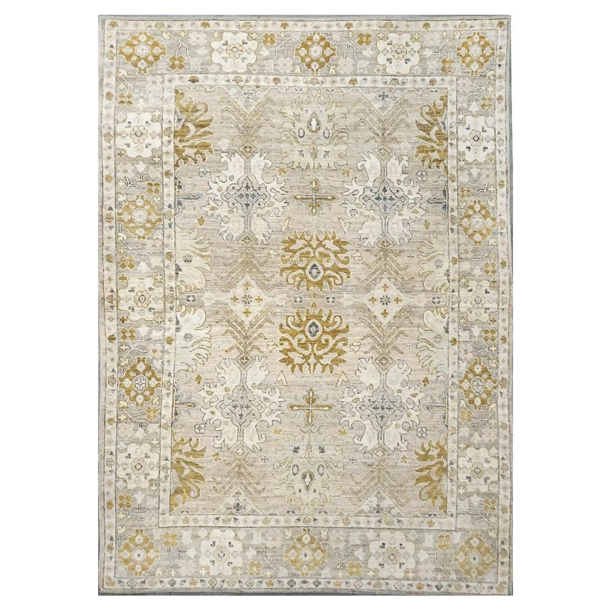 Türkischer Oushak-Teppich des 21. Jahrhunderts, 10x14, Beige, Elfenbein & Gold, handgefertigt