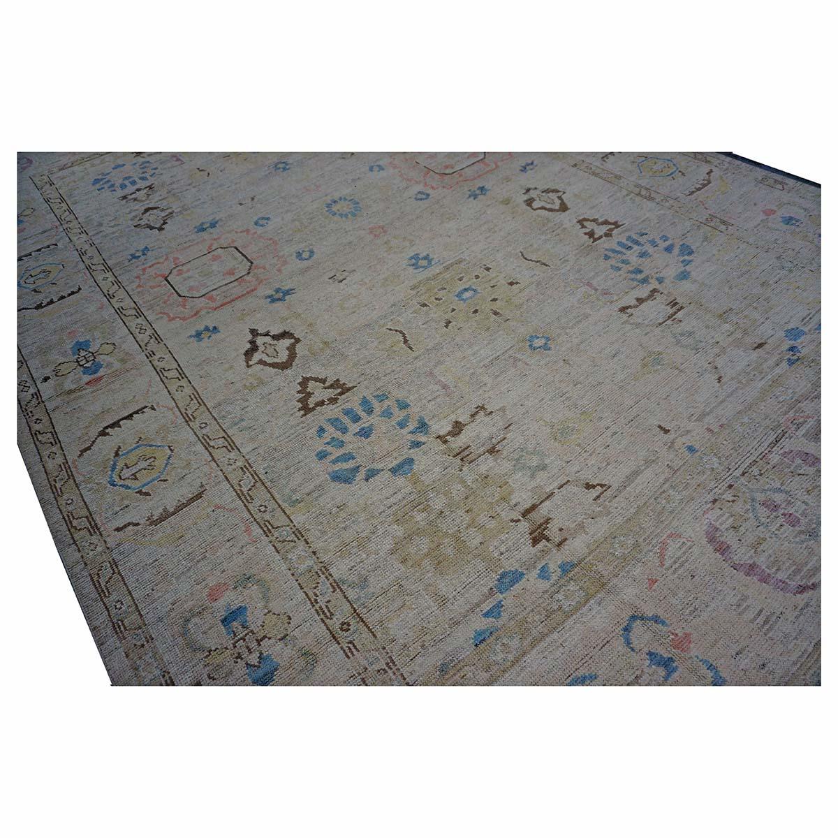 21st Century Türkisch Oushak 10X14 Elfenbein, Braun & Schiefer Blau Handmade Läufer Teppich (21. Jahrhundert und zeitgenössisch) im Angebot