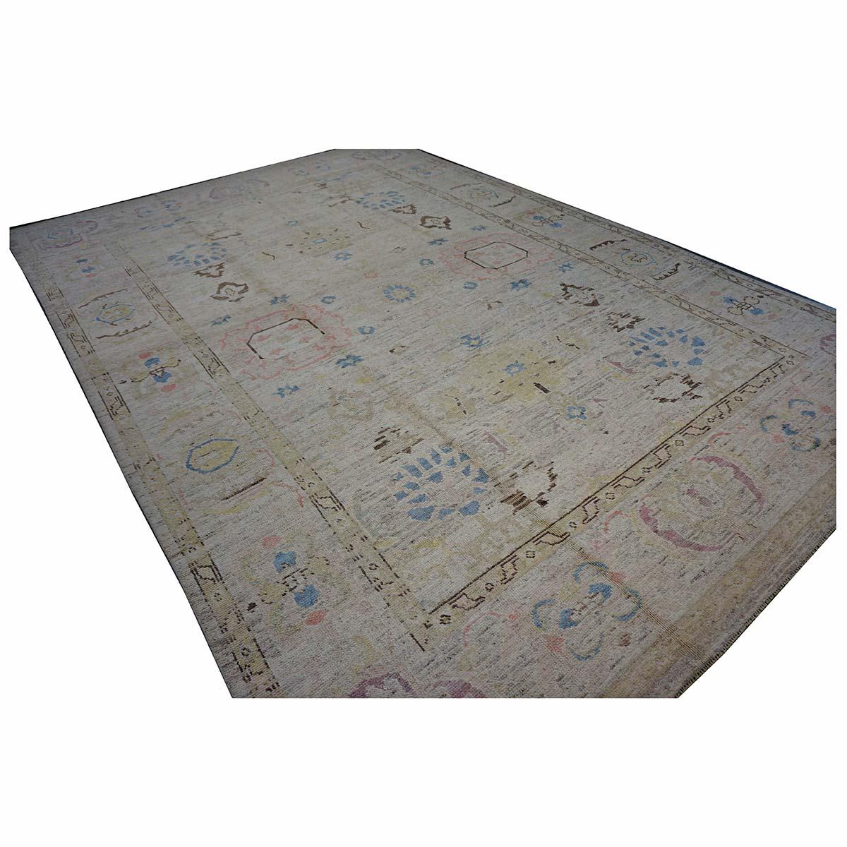 21st Century Türkisch Oushak 10X14 Elfenbein, Braun & Schiefer Blau Handmade Läufer Teppich (Wolle) im Angebot