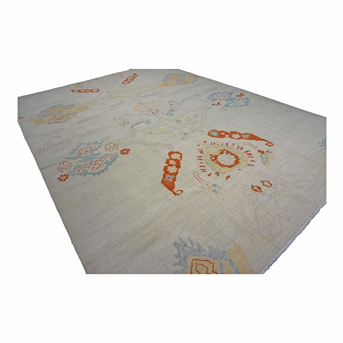 Turco Tappeto Oushak turco del 21° secolo 10X14 avorio, arancione e blu ardesia fatto a mano in vendita