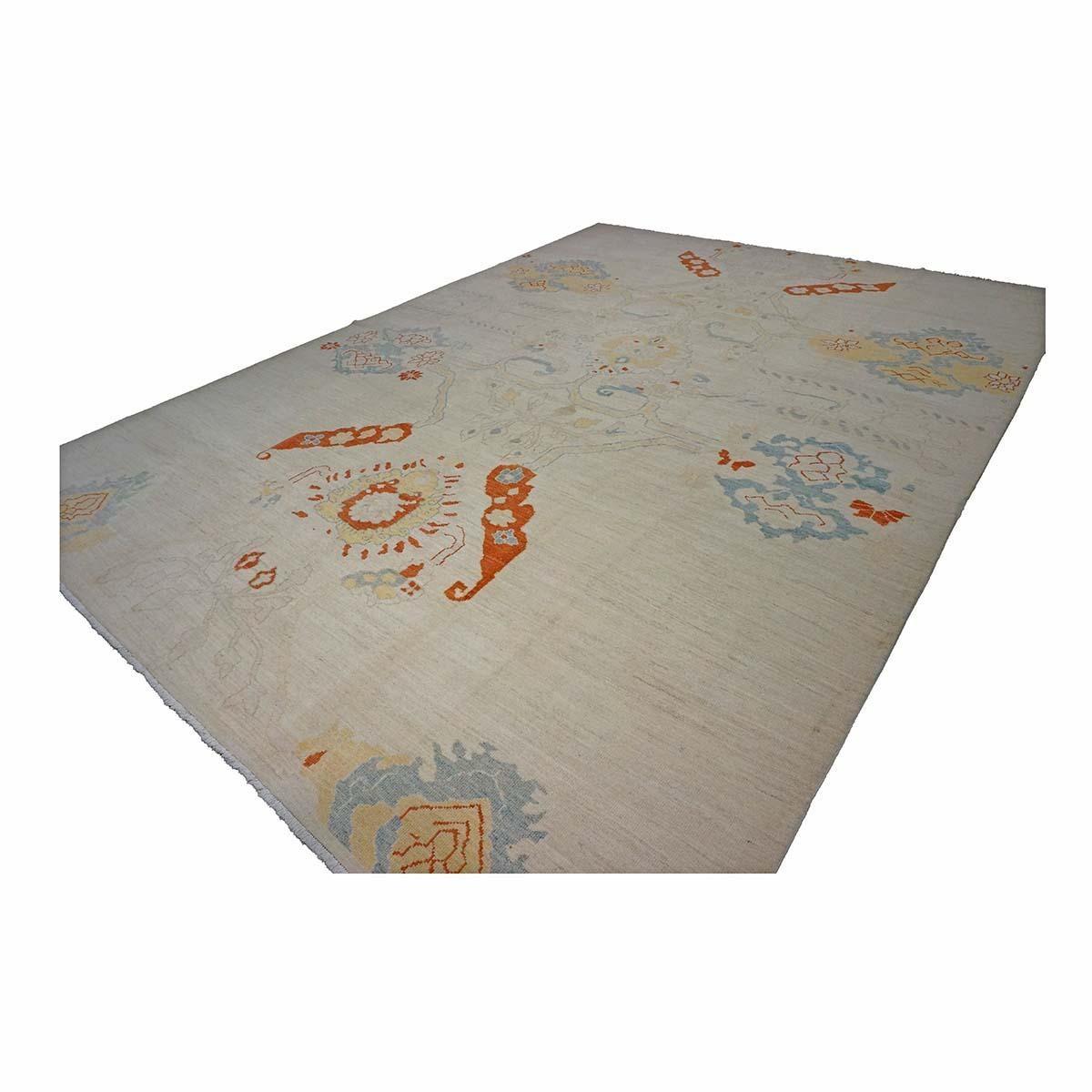Tessuto a mano Tappeto Oushak turco del 21° secolo 10X14 avorio, arancione e blu ardesia fatto a mano in vendita