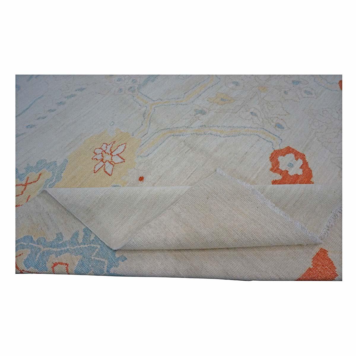 Lana Tappeto Oushak turco del 21° secolo 10X14 avorio, arancione e blu ardesia fatto a mano in vendita