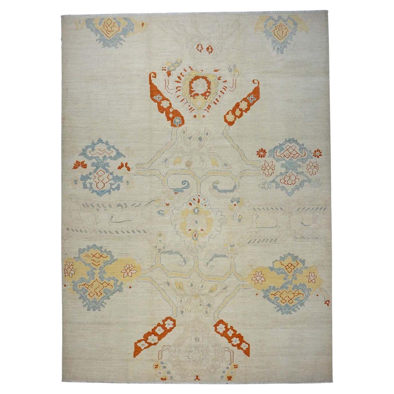 Tappeto Oushak turco del 21° secolo 10X14 avorio, arancione e blu ardesia fatto a mano in vendita