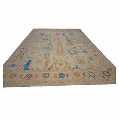 21st Century Turkish Oushak Wool 11X14 Ivory & Slate Blue Handmade Area Rug