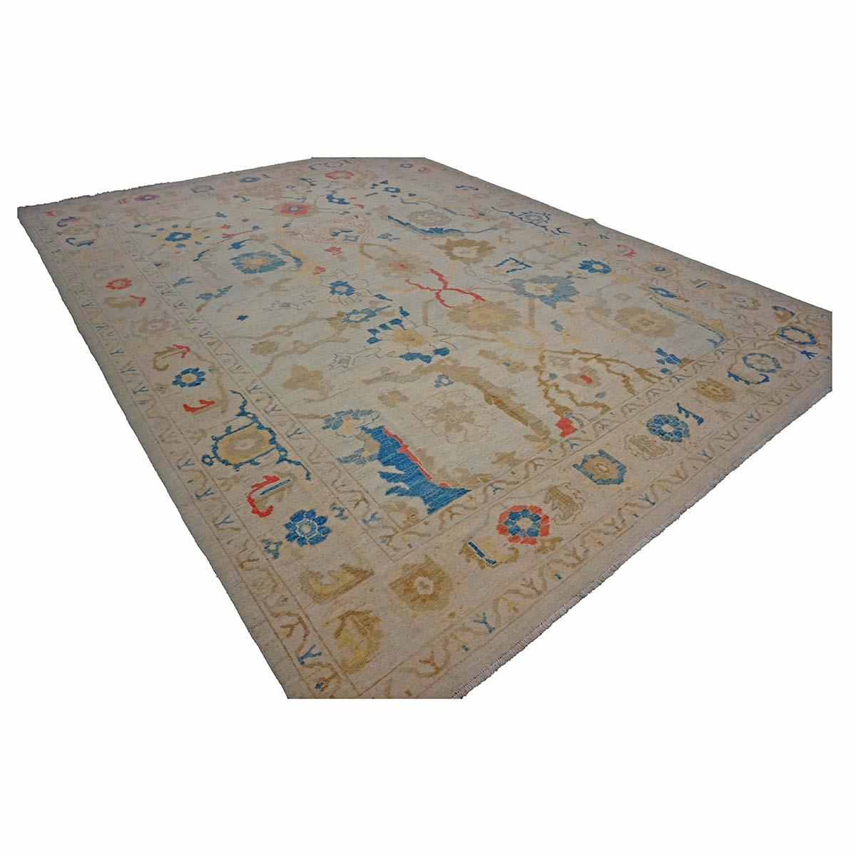 Turc 21e siècle Tapis de course turc Oushak 10X14 Ivoire, rouge et bleu ardoise fait à la main en vente