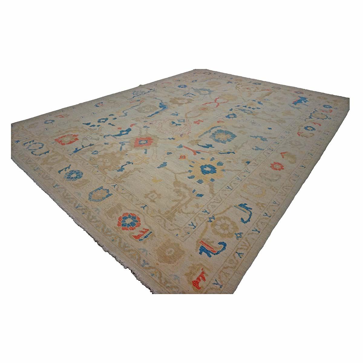 Tissé à la main 21e siècle Tapis de course turc Oushak 10X14 Ivoire, rouge et bleu ardoise fait à la main en vente
