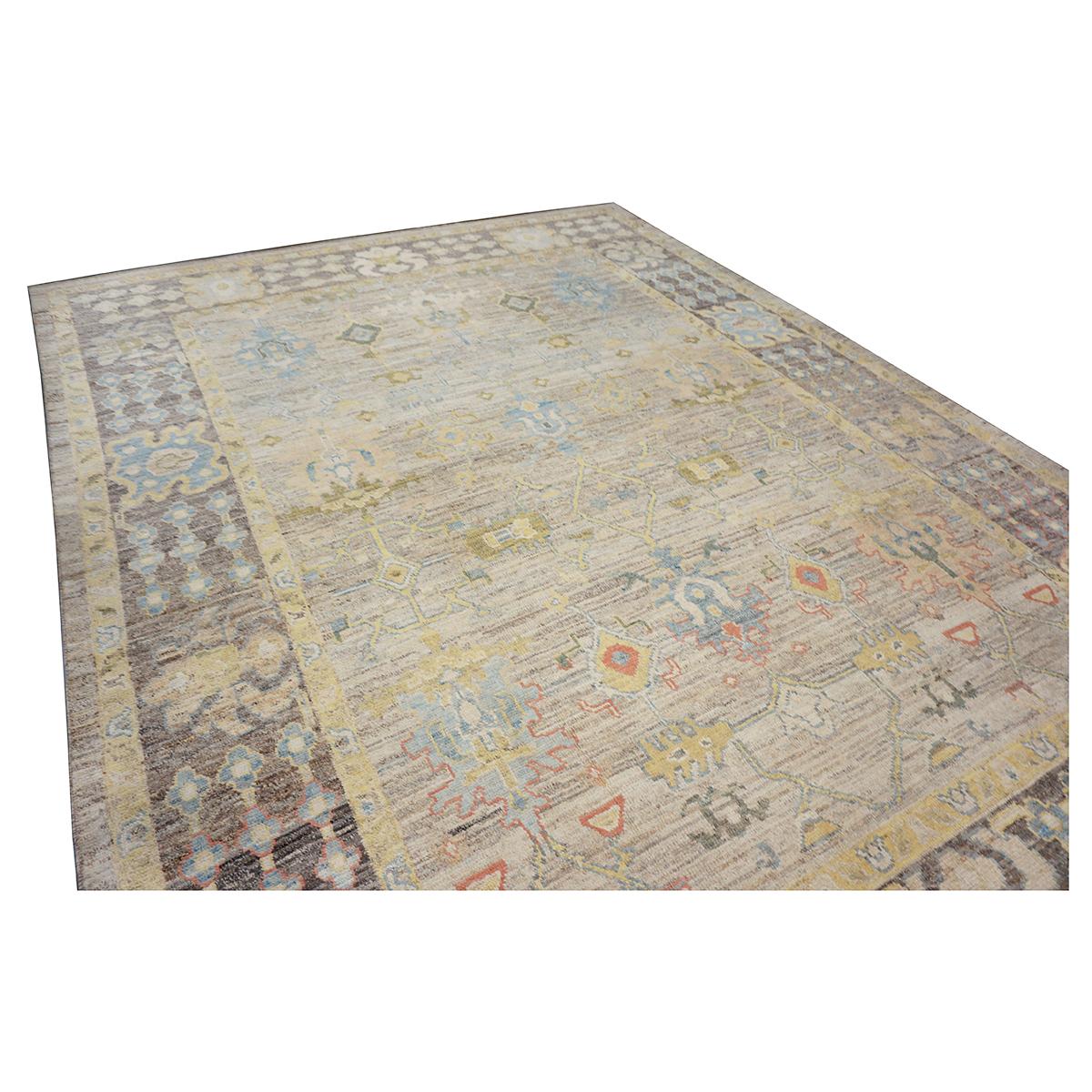 21st Century Türkisch Oushak 10X14 Elfenbein, Schiefer Blau& Khaki Handgefertigter Teppich im Angebot 4