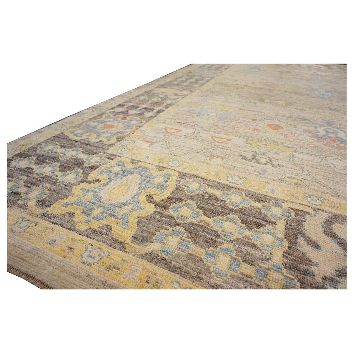 21st Century Türkisch Oushak 10X14 Elfenbein, Schiefer Blau& Khaki Handgefertigter Teppich im Angebot 5