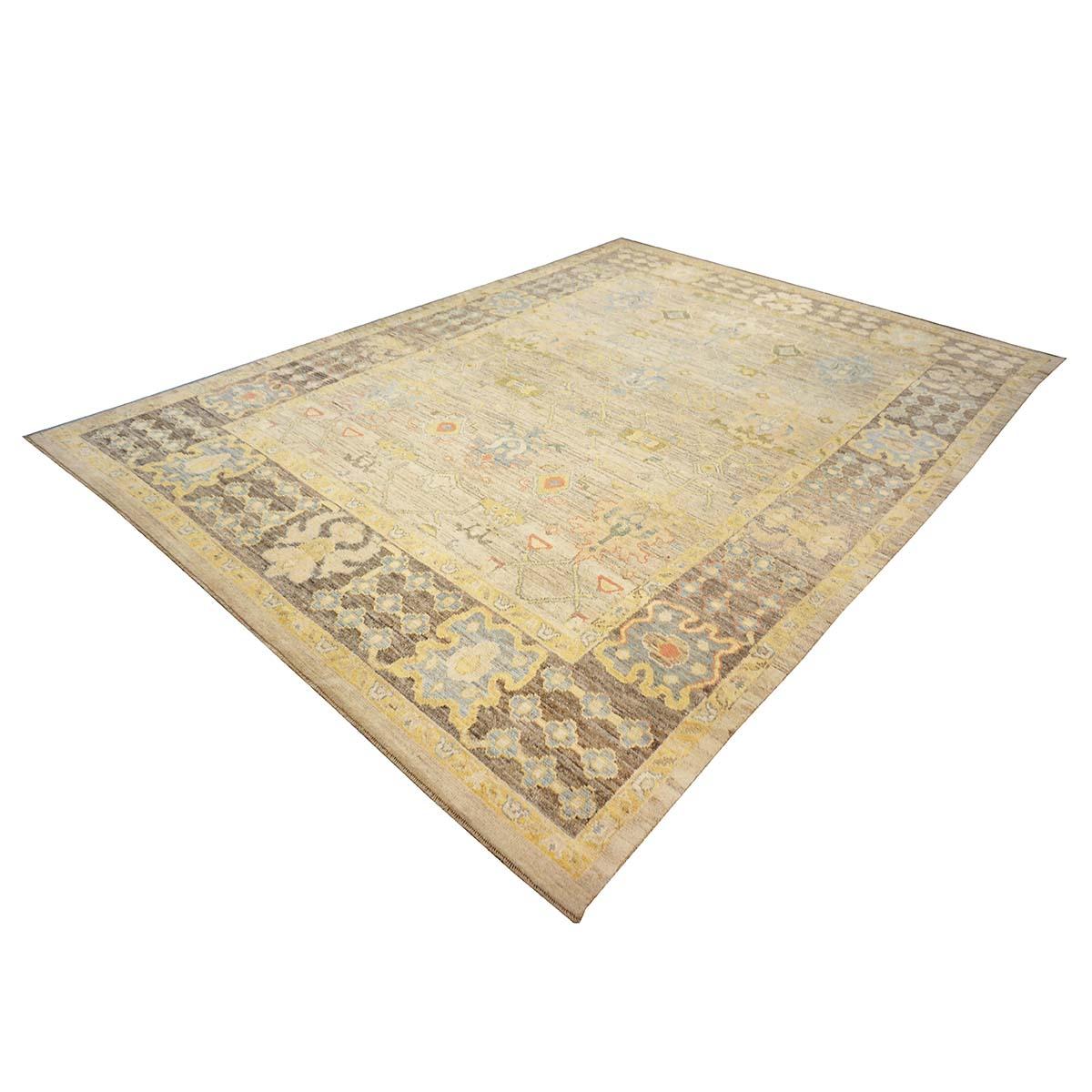 21st Century Türkisch Oushak 10X14 Elfenbein, Schiefer Blau& Khaki Handgefertigter Teppich (Handgewebt) im Angebot