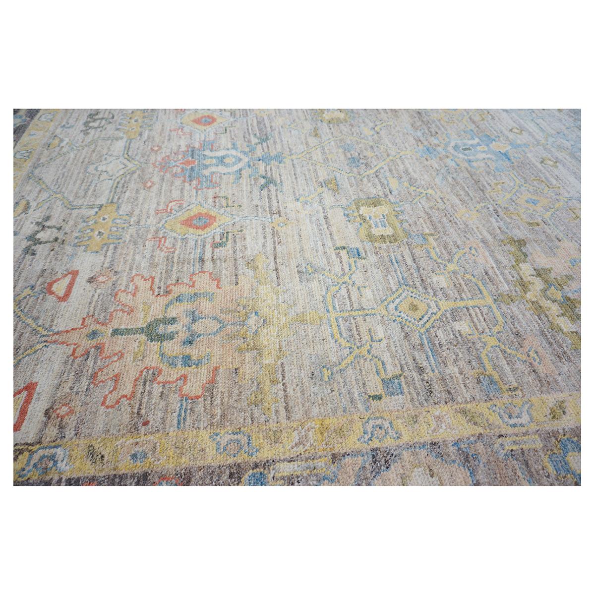 21st Century Türkisch Oushak 10X14 Elfenbein, Schiefer Blau& Khaki Handgefertigter Teppich (21. Jahrhundert und zeitgenössisch) im Angebot
