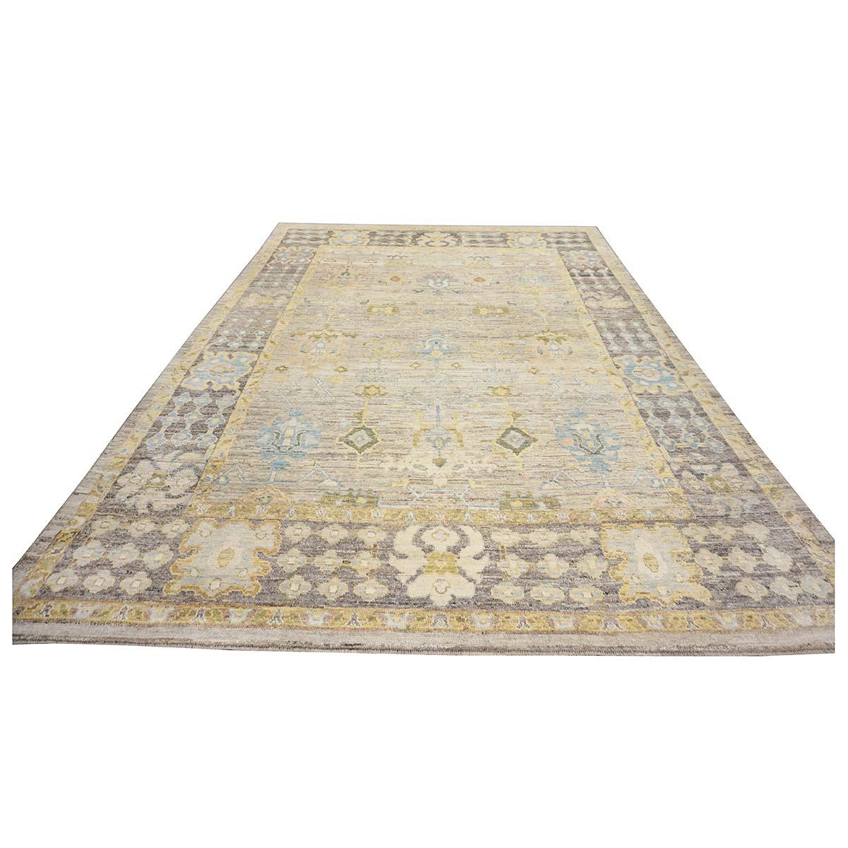 21st Century Türkisch Oushak 10X14 Elfenbein, Schiefer Blau& Khaki Handgefertigter Teppich (Wolle) im Angebot