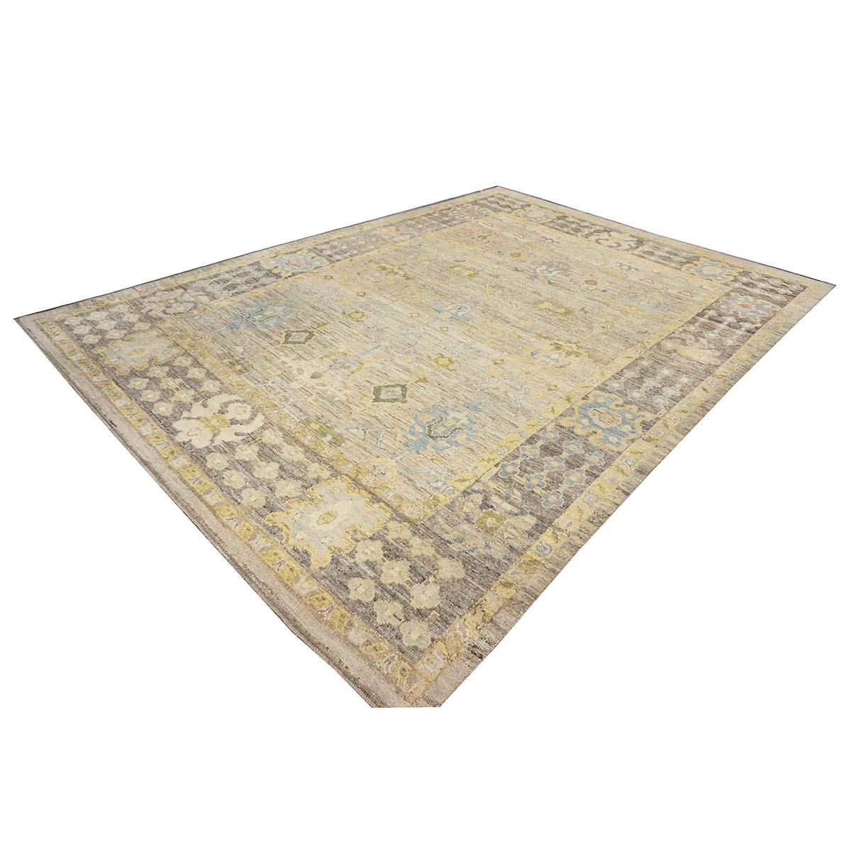 21st Century Türkisch Oushak 10X14 Elfenbein, Schiefer Blau& Khaki Handgefertigter Teppich im Angebot 2