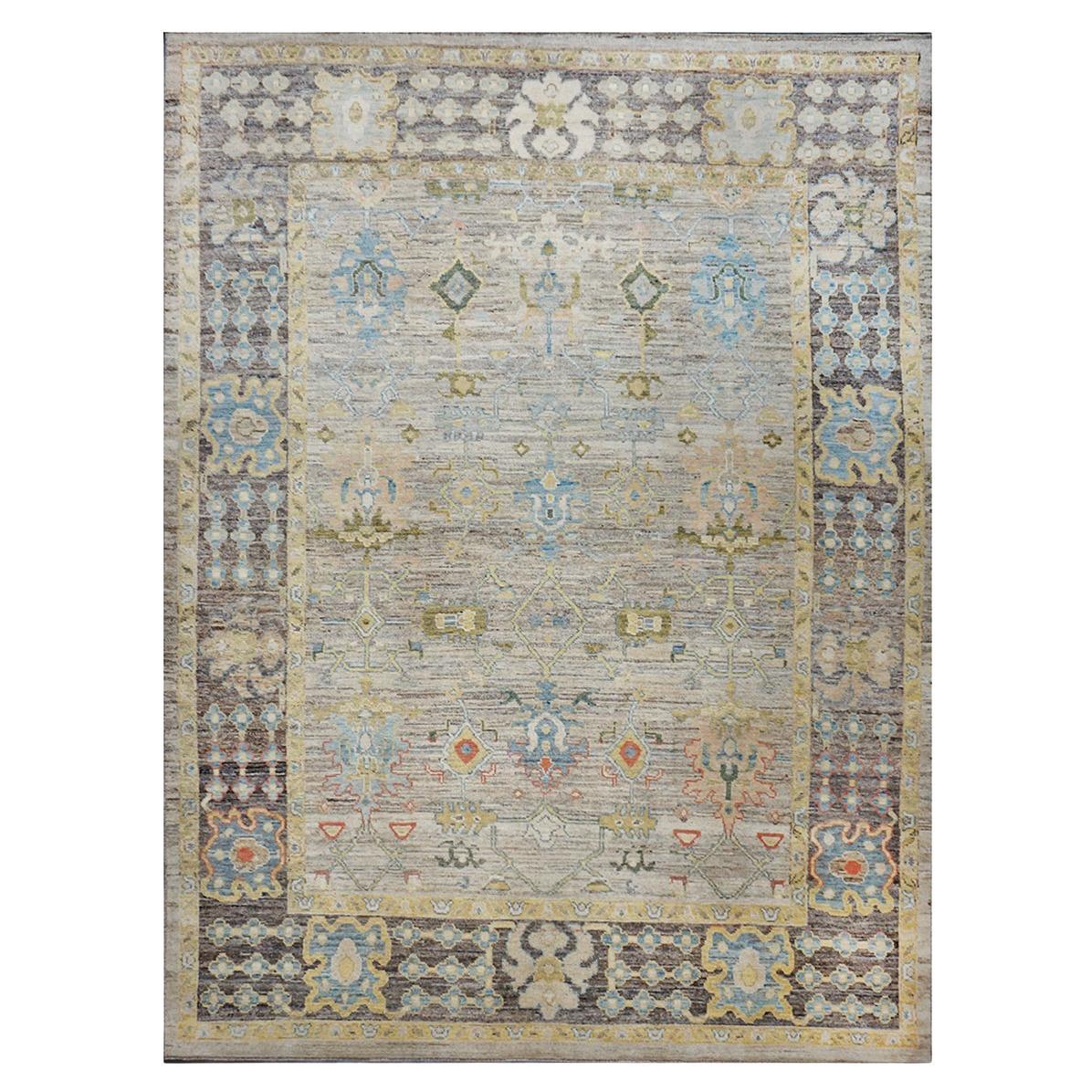 21st Century Türkisch Oushak 10X14 Elfenbein, Schiefer Blau& Khaki Handgefertigter Teppich