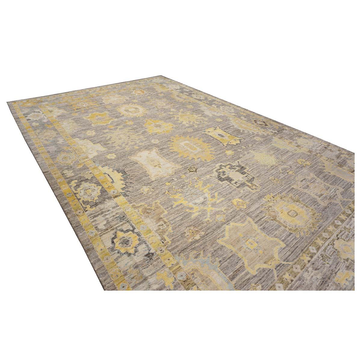 XXIe siècle et contemporain 21st Century Turkish Oushak 10X16 Gold, Ivory & Gray Handmade Area Rug (tapis fait main) en vente