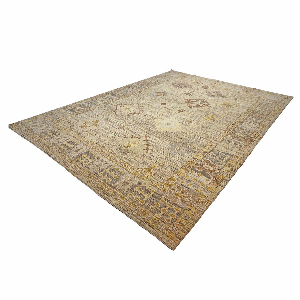 Turc 21st Century Turkish Oushak 11X15 Gold, Gray& Slate Blue Handmade Area Rug (Tapis de sol turc 11X15 or, gris et bleu ardoise) en vente