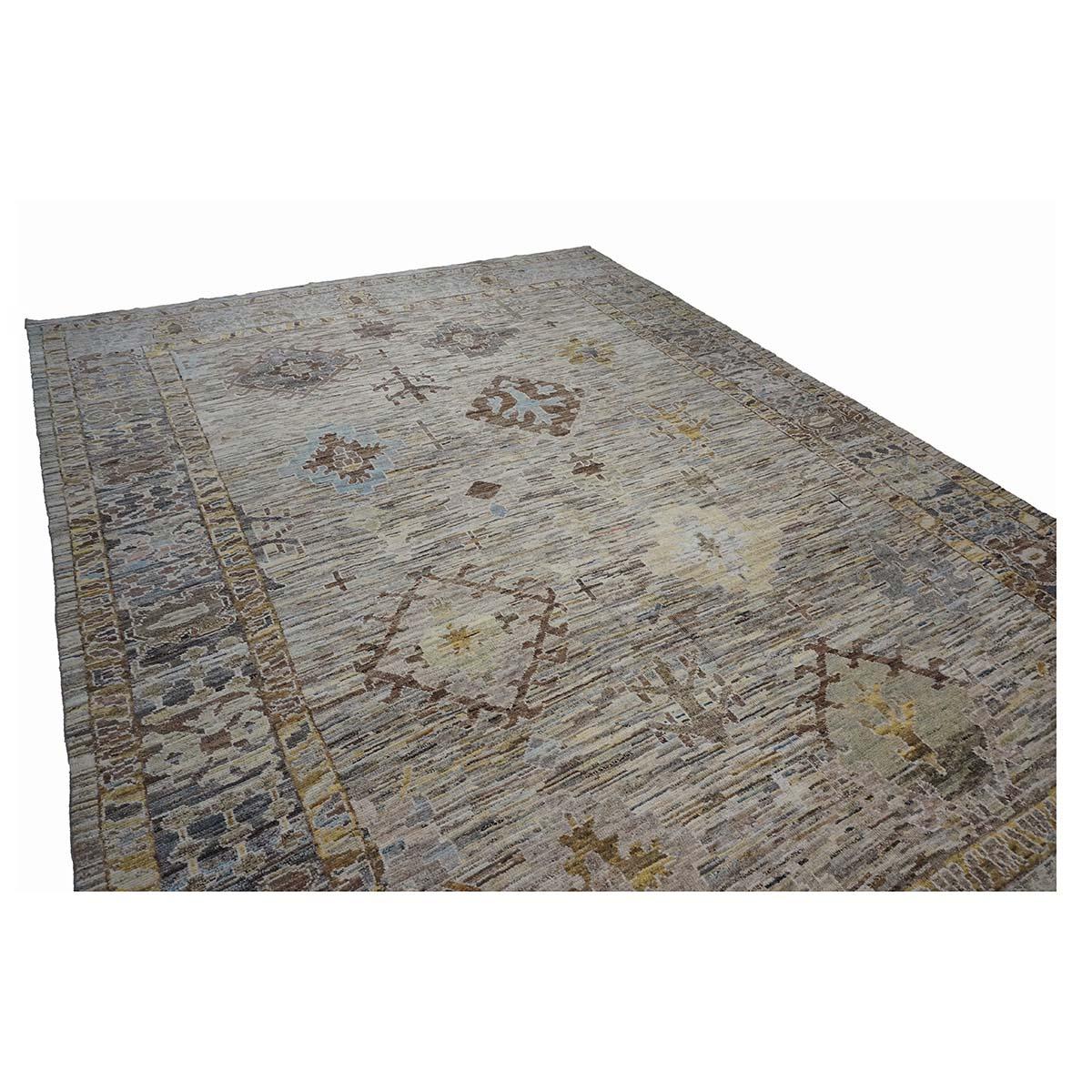 Tissé à la main 21st Century Turkish Oushak 11X15 Gold, Gray& Slate Blue Handmade Area Rug (Tapis de sol turc 11X15 or, gris et bleu ardoise) en vente