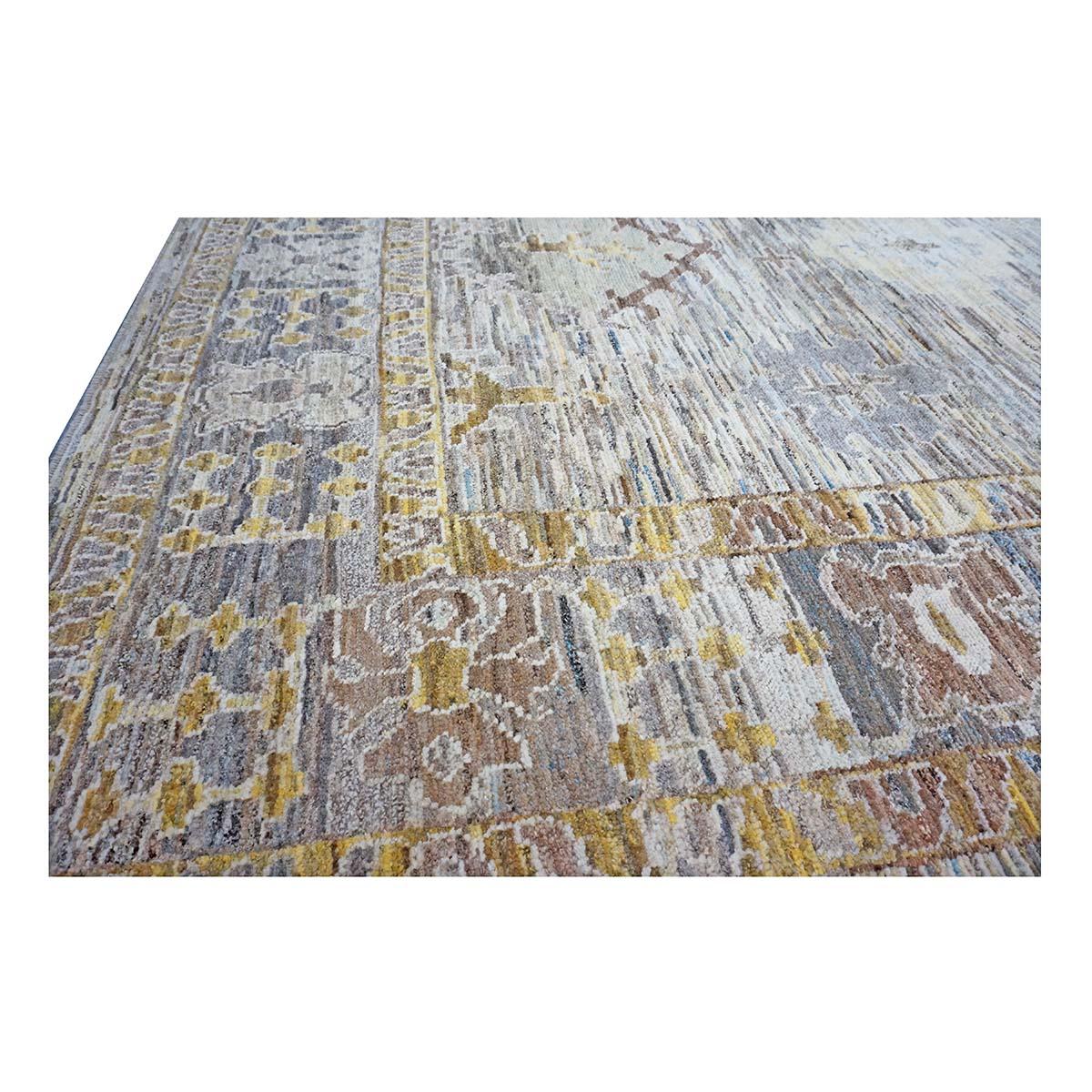 Laine 21st Century Turkish Oushak 11X15 Gold, Gray& Slate Blue Handmade Area Rug (Tapis de sol turc 11X15 or, gris et bleu ardoise) en vente