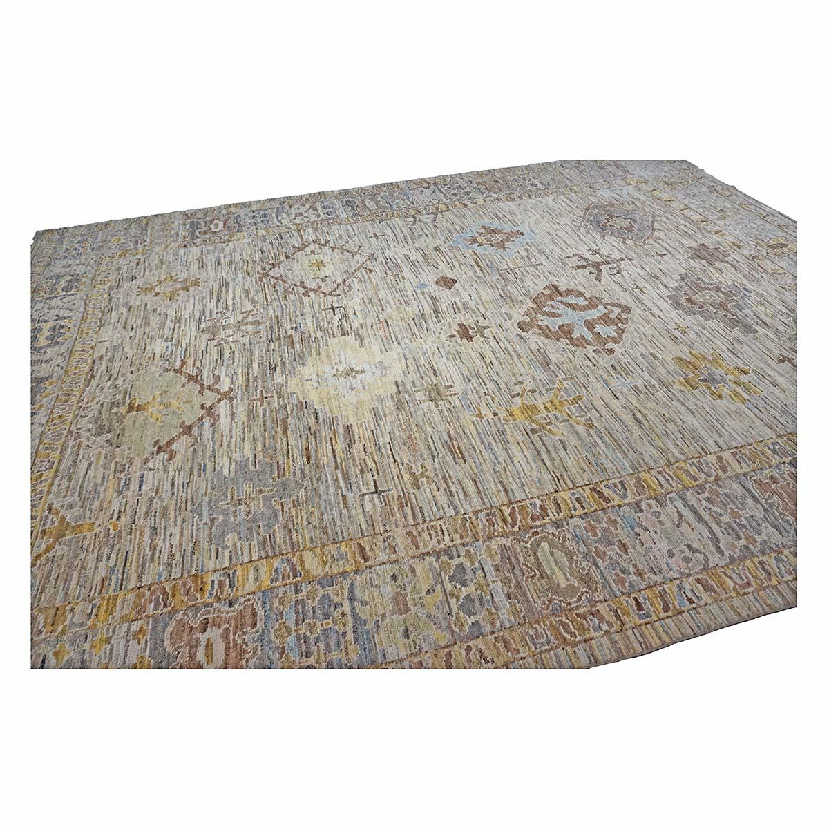 21st Century Turkish Oushak 11X15 Gold, Gray& Slate Blue Handmade Area Rug (Tapis de sol turc 11X15 or, gris et bleu ardoise) en vente 1