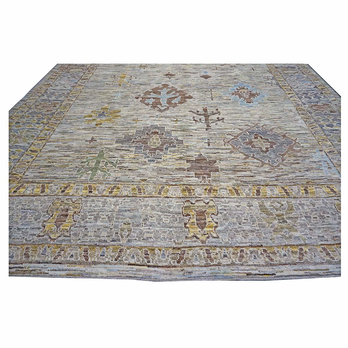 21st Century Turkish Oushak 11X15 Gold, Gray& Slate Blue Handmade Area Rug (Tapis de sol turc 11X15 or, gris et bleu ardoise) en vente 2