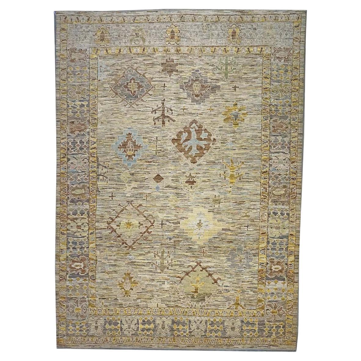 21st Century Turkish Oushak 11X15 Gold, Gray& Slate Blue Handmade Area Rug (Tapis de sol turc 11X15 or, gris et bleu ardoise)