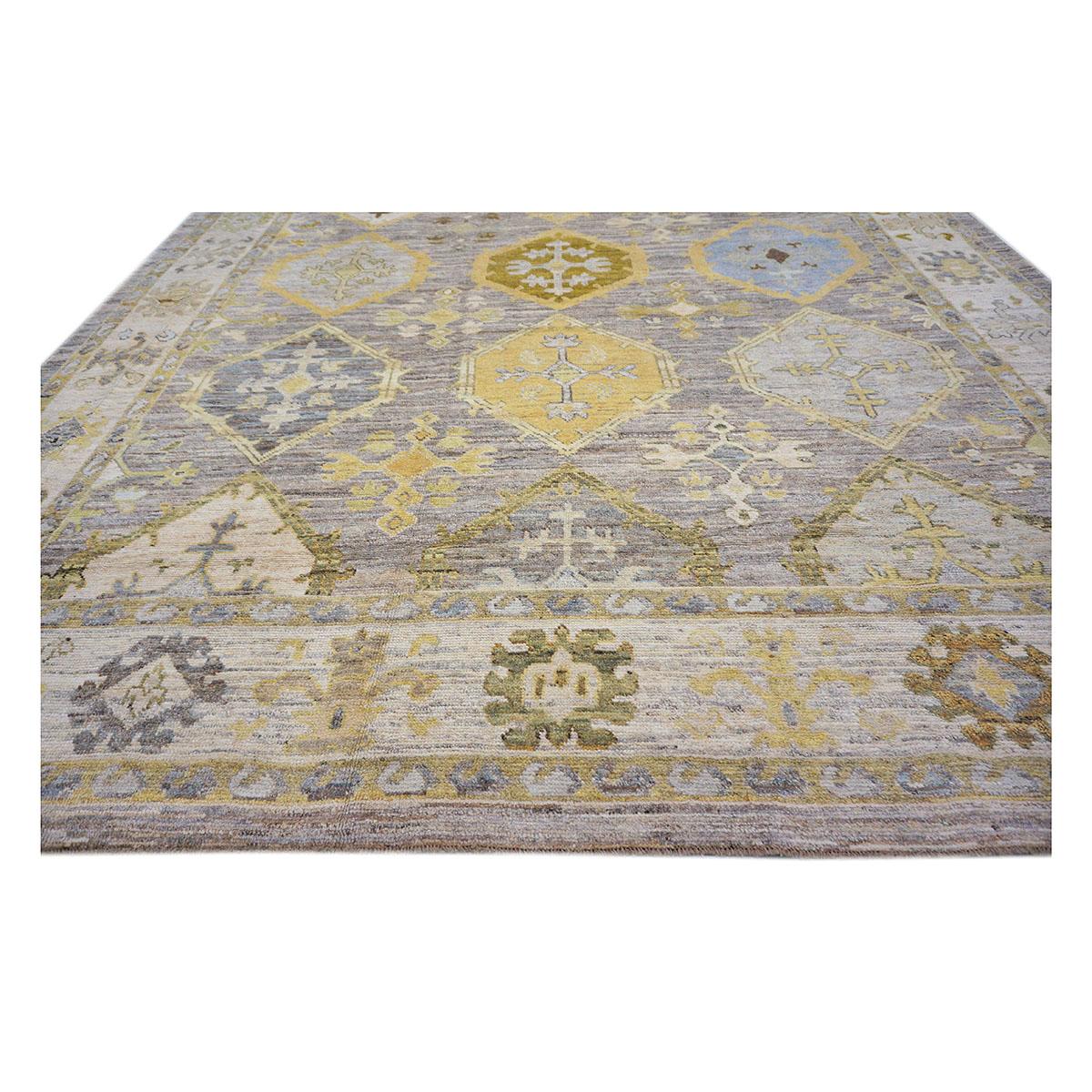 Hand-Knotted 21st Century Turkish Oushak 11x15 Grey, Ivory, & Yellow Olive Handmade Area Rug For Sale