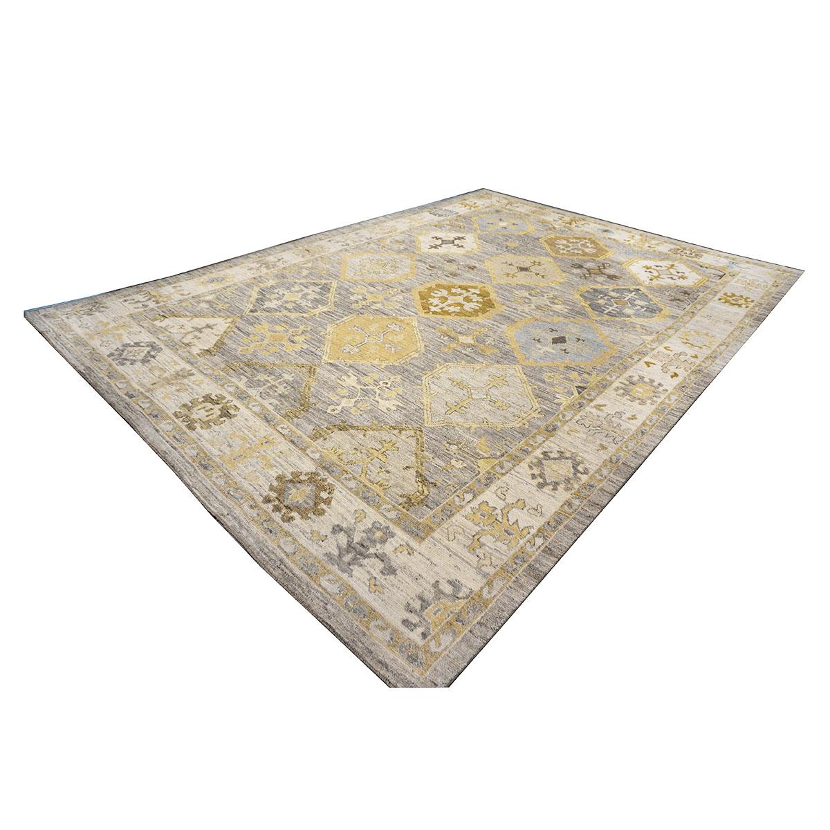 21st Century Turkish Oushak 11x15 Grey, Ivory, & Yellow Olive Handmade Area Rug In Excellent Condition For Sale In Houston, TX