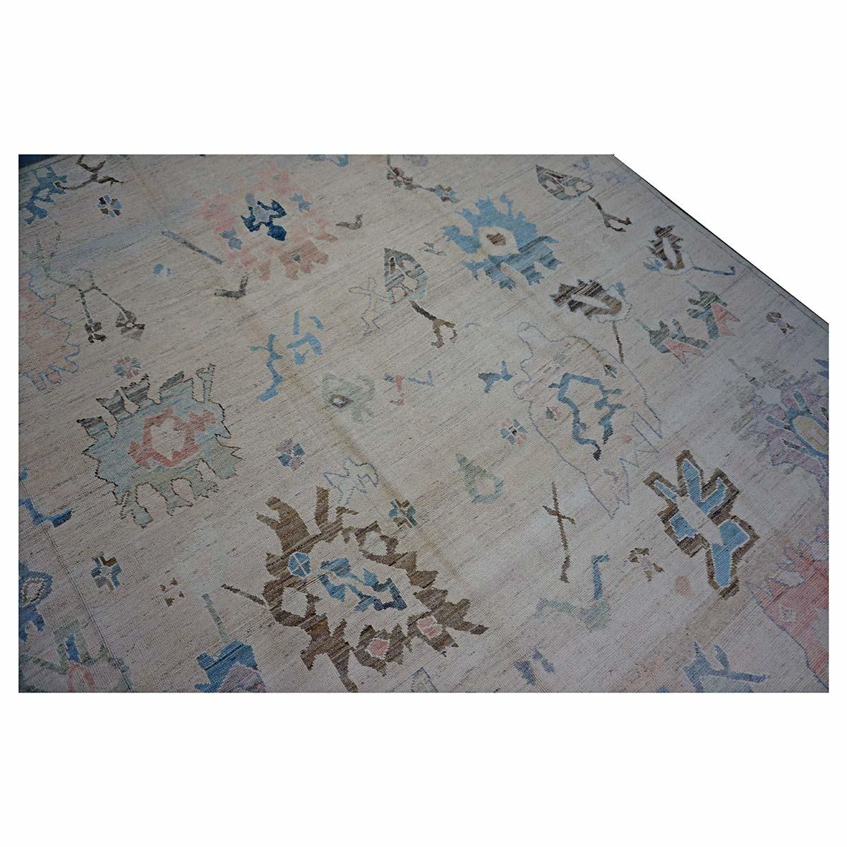 Türkischer Oushak 11X15 Elfenbein, Braun & Schieferblau Handgefertigter Läufer des 21. Jahrhunderts im Angebot 4